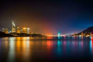 el ciudad luces son reflejado en el agua. generado por ai foto