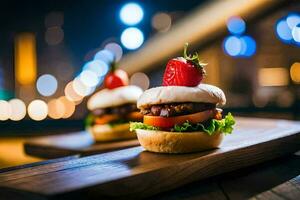 two hamburgers on a wooden board with a strawberry on top. AI-Generated photo