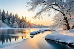 winter landscape with snow covered trees and river. AI-Generated photo