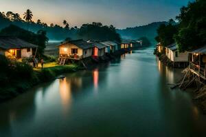 casas en el río a oscuridad. generado por ai foto