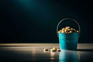a blue bucket filled with peanuts on a table. AI-Generated photo