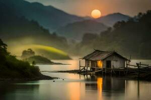 the sun rises over a small wooden hut on the banks of a river. AI-Generated photo