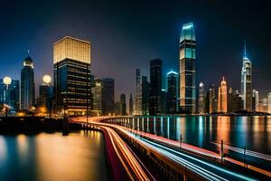 el ciudad horizonte a noche con luces en el edificios generado por ai foto