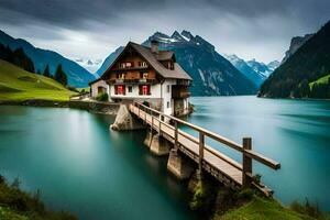 a house on a bridge over a lake with mountains in the background. AI-Generated photo