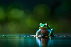 a frog sitting on the water with a green background. AI-Generated photo