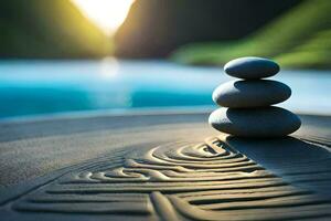 a stack of stones sitting on top of a stone table. AI-Generated photo