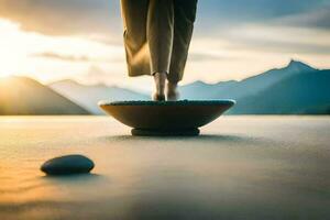 a person walking on a stone bowl in front of a mountain. AI-Generated photo