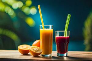 two glasses of juice with straws on a wooden table. AI-Generated photo