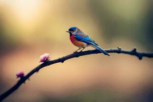 un vistoso pájaro se sienta en un rama con un rosado flor. generado por ai foto