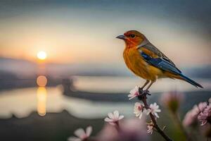 un pájaro se sienta en un rama con un puesta de sol en el antecedentes. generado por ai foto