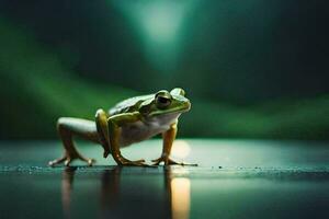 a frog is standing on a wet surface. AI-Generated photo