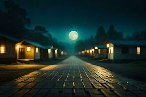 a long road leading to a small town at night. AI-Generated photo