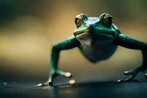 a frog is standing on a dark surface. AI-Generated photo