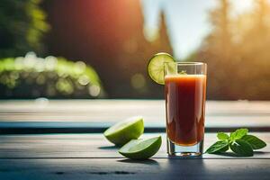 a glass of juice with lime and mint on a table. AI-Generated photo