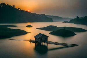 a small house sits on the edge of a lake at sunset. AI-Generated photo