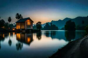 un casa se sienta en el apuntalar de un lago a oscuridad. generado por ai foto