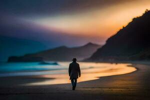 un hombre camina a lo largo el playa a puesta de sol. generado por ai foto