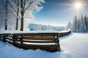 a wooden fence is covered in snow. AI-Generated photo