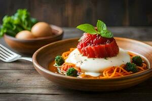 un plato con un fresa y ricotta en cima. generado por ai foto