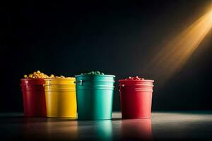 three buckets of colored popcorn on a dark table. AI-Generated photo