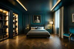 a bedroom with blue walls and wood floors. AI-Generated photo