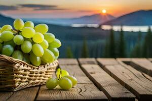 grapes in a basket on a wooden table. AI-Generated photo