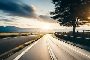 a car driving on a road with a tree in the background. AI-Generated photo