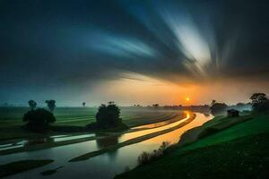 un río carreras mediante un campo con un hermosa puesta de sol. generado por ai foto