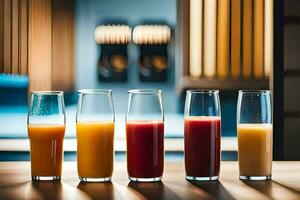 five glasses of orange juice on a table. AI-Generated photo