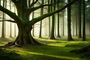 un árbol en el medio de un bosque con niebla. generado por ai foto