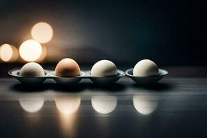 four eggs in a bowl on a table. AI-Generated photo