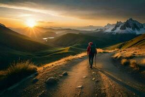 un persona caminando en un camino en el montañas. generado por ai foto