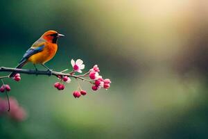 a bird sits on a branch with pink flowers. AI-Generated photo