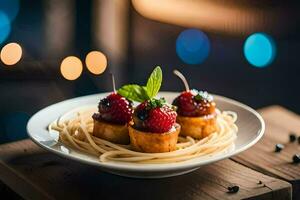 a plate of spaghetti with strawberries and a fork. AI-Generated photo