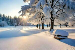 a snowy park with trees and a bench. AI-Generated photo