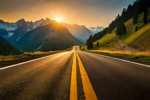 the sun is setting over a road in the mountains. AI-Generated photo