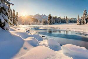 photo wallpaper the sky, snow, trees, mountains, river, sun, river, water,. AI-Generated