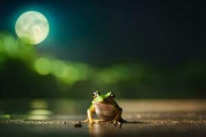 un rana sentado en el suelo en frente de un lleno Luna. generado por ai foto