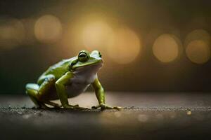 a frog is sitting on the ground in front of a blurry background. AI-Generated photo