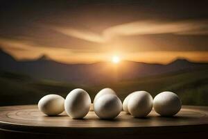 huevos en un mesa en frente de un puesta de sol. generado por ai foto