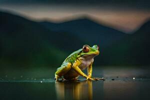 a frog sitting on the edge of a lake at night. AI-Generated photo