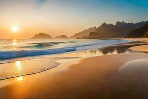 el Dom sube terminado el Oceano y montañas en esta hermosa foto. generado por ai foto