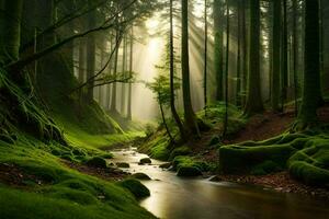 a stream runs through a green forest with trees and sunbeams. AI-Generated photo