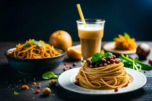 spaghetti with vegetables and a glass of milk. AI-Generated photo