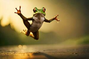 un rana saltando en el aire con sus piernas desparramar. generado por ai foto