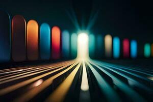 a row of colorful lights in a dark room. AI-Generated photo