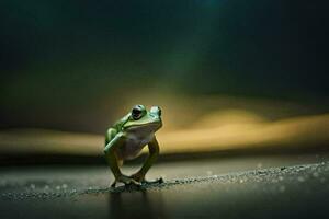 un rana es en pie en el suelo en frente de un oscuro antecedentes. generado por ai foto