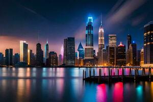 the city skyline at night with colorful lights. AI-Generated photo