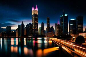 un ciudad horizonte a noche con luces en el edificios generado por ai foto