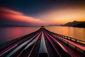 a long exposure photo of a bridge with many boats. AI-Generated